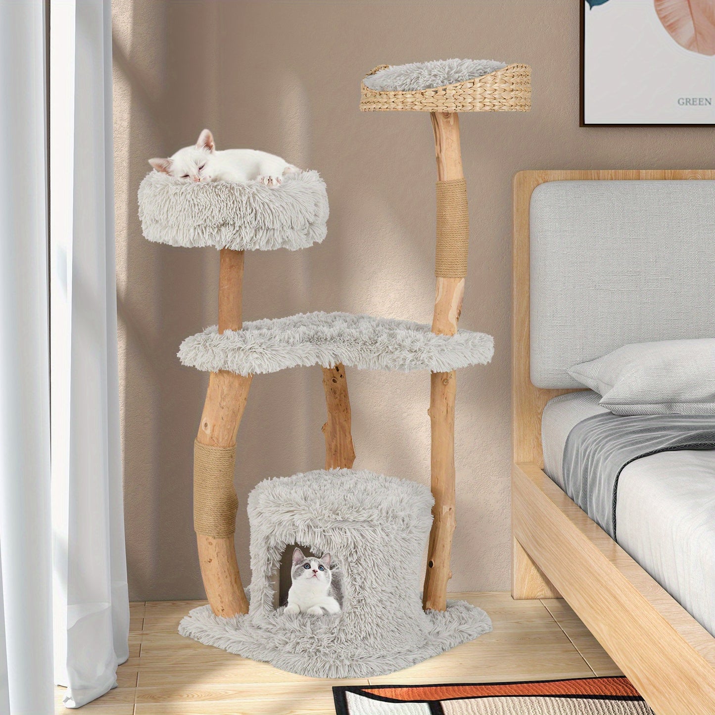 Krabpaal – Kattenboom – Kattenhuis – Kattentoren – Krabmeubel – Hout – 124 cm Hoog – Stevig Massief Houten Frame met Jute Krabpalen