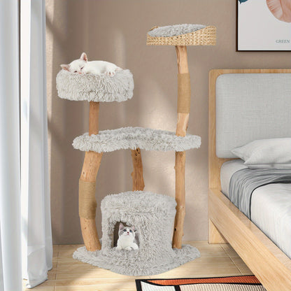 Krabpaal – Kattenboom – Kattenhuis – Kattentoren – Krabmeubel – Hout – 124 cm Hoog – Stevig Massief Houten Frame met Jute Krabpalen