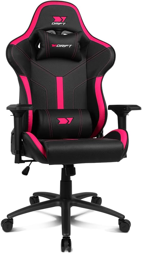 DRIFT Gaming Chair DR350 -DR350BP - Professionele Gaming Chair, kunstleder, 4D armleggers, geruisloze wielen, klasse 4 zuiger, kantelbaar, lende/cervicaal kussen, kleur zwart/roze