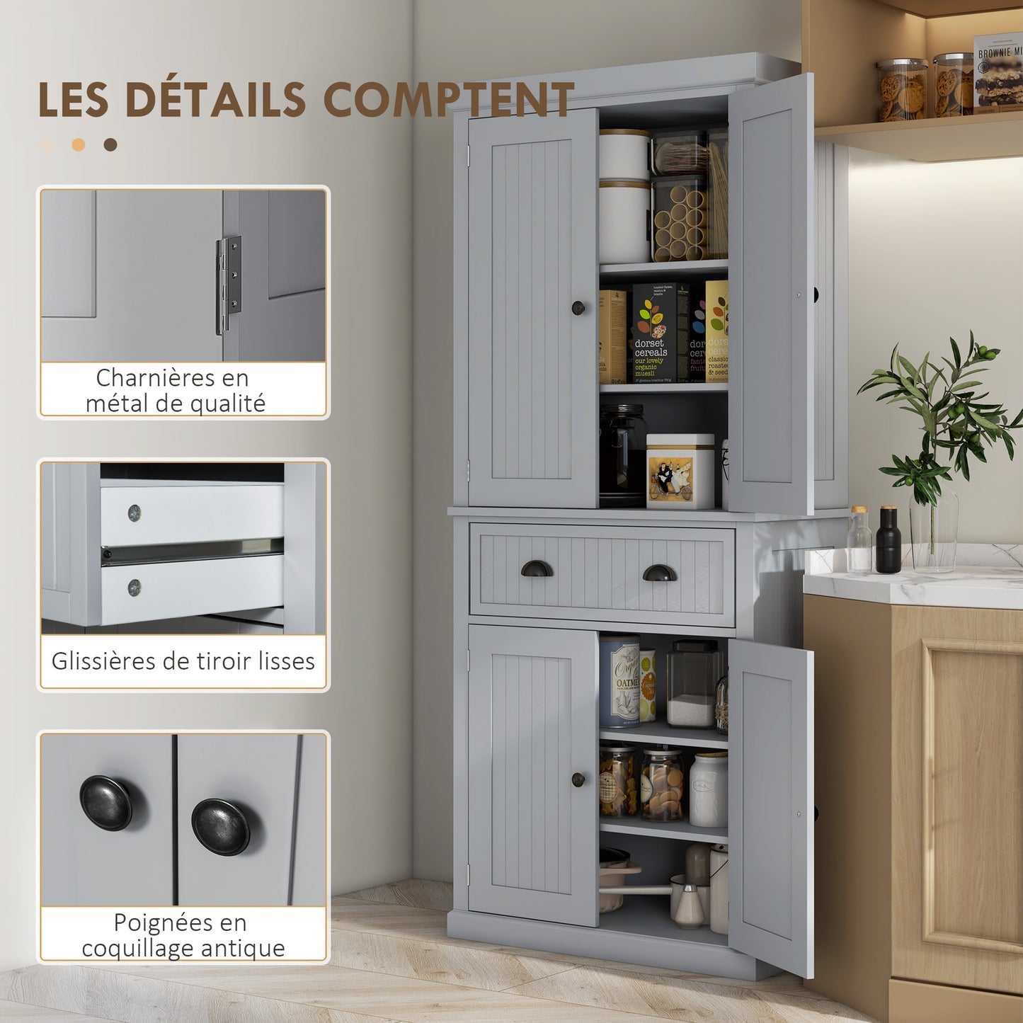 Keukenkastje – Opbergkast – Buffetkast – Keukenkast – Keukenmeubel – Grijs Met Zwarte Grepen – 2 Kasten Met 4 Deuren – Grote Lade – Verstelbare Planken – MDF En Spaanplaat – Modern Design – 76,2x40,2x183 cm