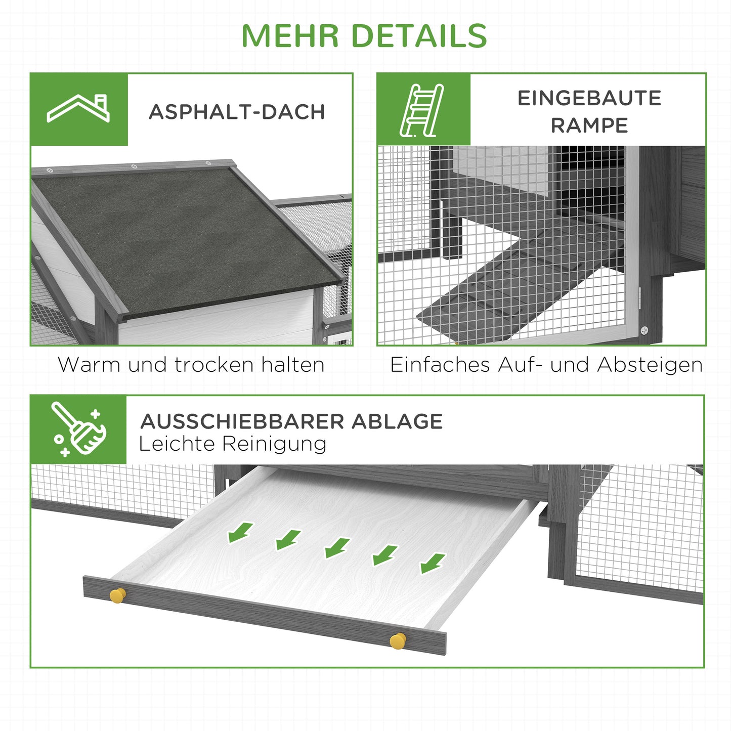 Kippenhok – Pluimvee Verblijf – Hennenhok – Buitenren – Nestkast – Dubbele Ren – Weerbestendig Grenenhout – Asfaltdak Grijs