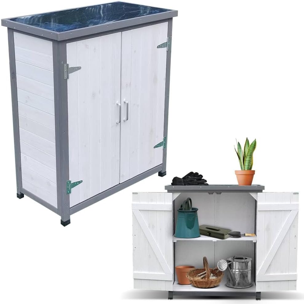 Melko Garden cabinet, white/grey, tool shed with 2 doors, storage cabinet - QUORE