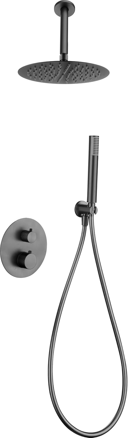 Thermostatische Douche Set – Regendouche – Plafonddouche – Handdouche – Douchekraan – Zwart Gun Metal – 25 cm Ronde Sproeikop – Roestvrij Staal S304