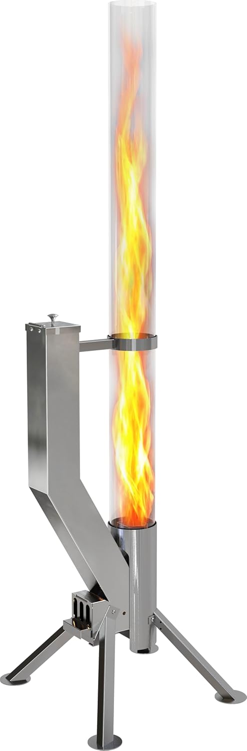 GARDENFLARE Premium vuurkorf - grote roestvrijstalen pelletzaklamp met vlam tot 1,5 m en reinigingsborstel inbegrepen, vuurkolom voor tuin en terras, je duurzame buitensfeervuur (zilver)