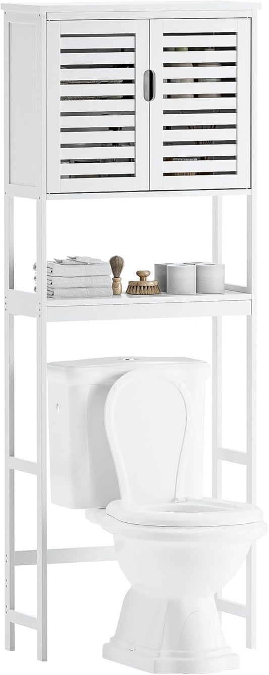 SMIBUY Bathroom Above Toilet Storage Cabinet, 2-Door Bamboo Cabinet Organizer, Freestanding Space Saving Toilet Rack with Adjustable Inner Shelf and Open Shelf (White) - QUORE