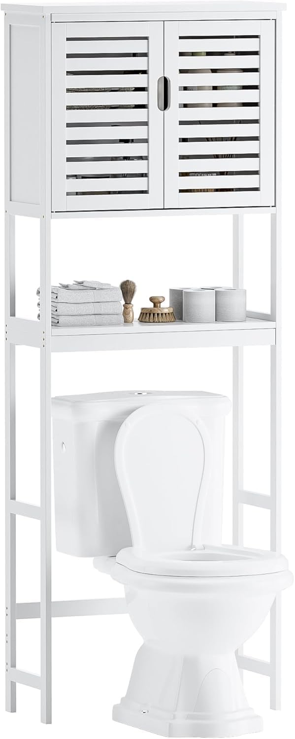 SMIBUY Badkamer boven het toilet opbergkast, 2-deurs bamboe kast organizer, vrijstaand ruimtebesparend toiletrek met verstelbare binnenplank en open plank (wit)