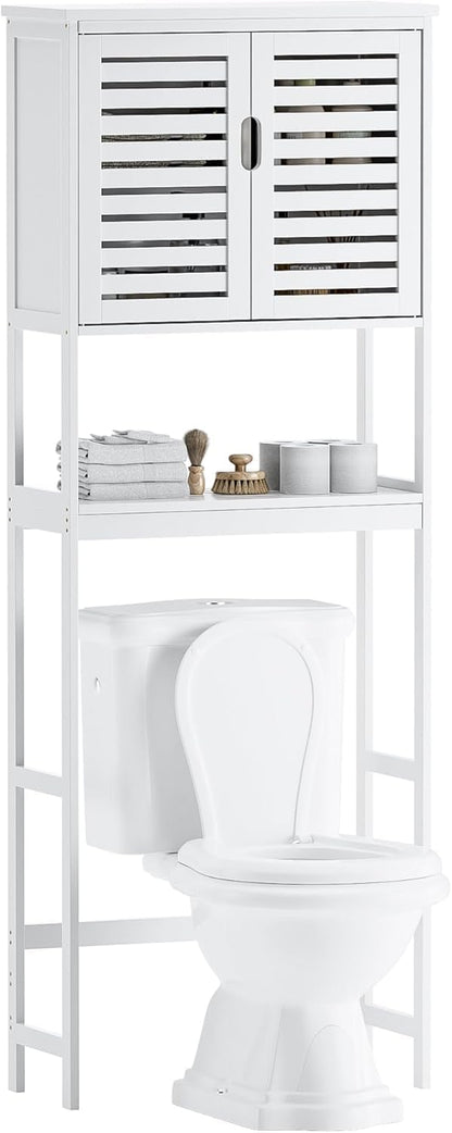 SMIBUY Badkamer boven het toilet opbergkast, 2-deurs bamboe kast organizer, vrijstaand ruimtebesparend toiletrek met verstelbare binnenplank en open plank (wit)