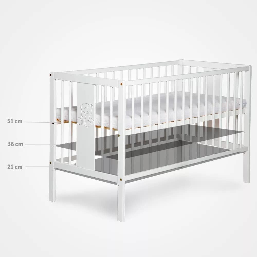 baby bed K2 natural wood 120 x 60 cm with slatted bed bed cot 3 levels adjustable in height - naturalPine wood & MDF - QUORE