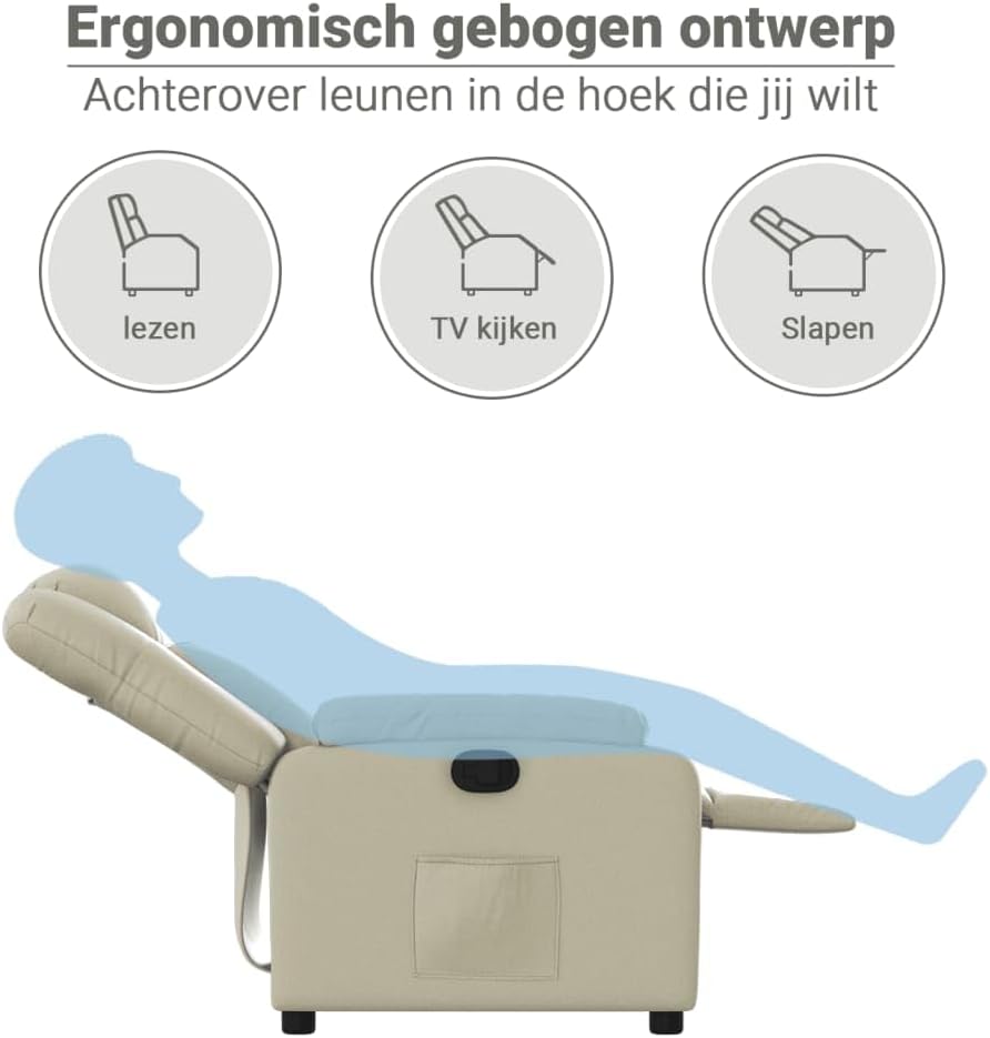 Verstelbare Fauteuil – Relaxstoel – Lounge Stoel – Relaxzetel – Comfortstoel – Crèmekleurig Kunstleer – Handmatig Verstelbaar Tot 135° – Stevig Hout-Metaal Frame