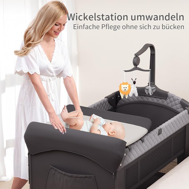 Foldable Baby Cot & Travel Cot & Side Bed - Portable Baby Bed Height Adjustment, Portable & Easy to Store, Includes Toy, Changing Table and Mosquito Net – Gift for Young Parents - QUORE