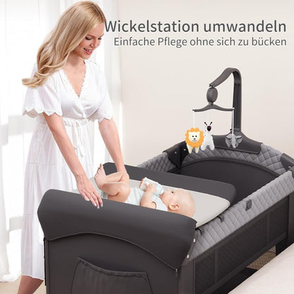 Foldable Baby Cot & Travel Cot & Side Bed - Portable Baby Bed Height Adjustment, Portable & Easy to Store, Includes Toy, Changing Table and Mosquito Net – Gift for Young Parents - QUORE
