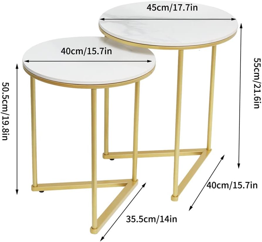Marmeren Top Bijzettafel Goud: 2 Nesting Kleine Sofa End Tafels Ronde Nachtkastje Nest Sets Hoogglans Gesinterd Stenen Marmeren Tafelblad met Gouden Metalen Benen Geneste Accent Tafels voor Woonkamer