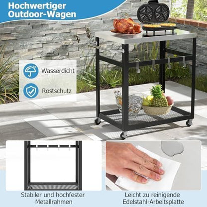 Grilltafel voor buiten, grillwagen met 2 planken, 4 wielen, handvat en 4 haken, pizzatafel, bijzettafel, serveerwagen voor achtertuin, terras (2 planken)