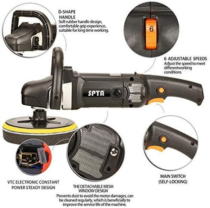 SPTA Polijstmachine, 125 mm/150 mm/180 mm polijstmachine met variabele snelheid, professionele set - slijpmachine 1200 watt + polijstspons accessoireset, polijstschijf, wolschijf voor auto, boot