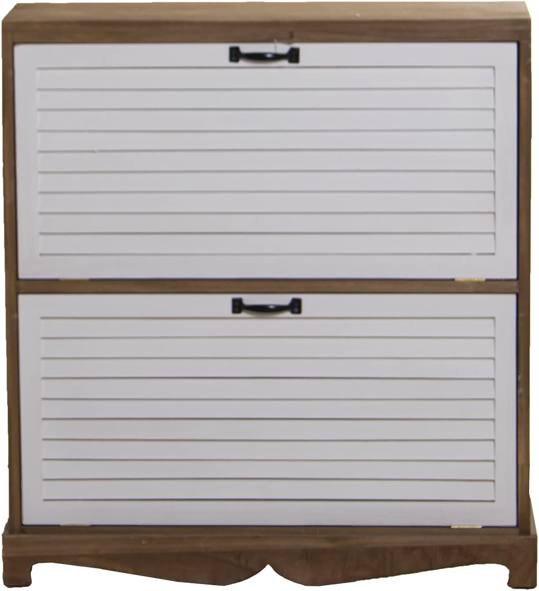 DRW Schoenenkast met 2 deuren van paulownia-hout in natuur en wit, 76 x 22 x 93 cm