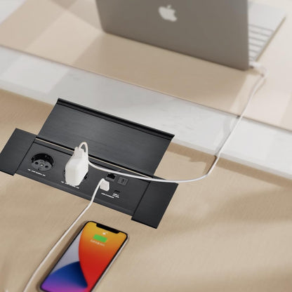Connectiviteits-box, conferentietafel, power box met 2 stopcontacten + 1 USB-A en type C-oplader + 1 CAT6+ 1 HDMI/USB-C data (zwart) (flip up)