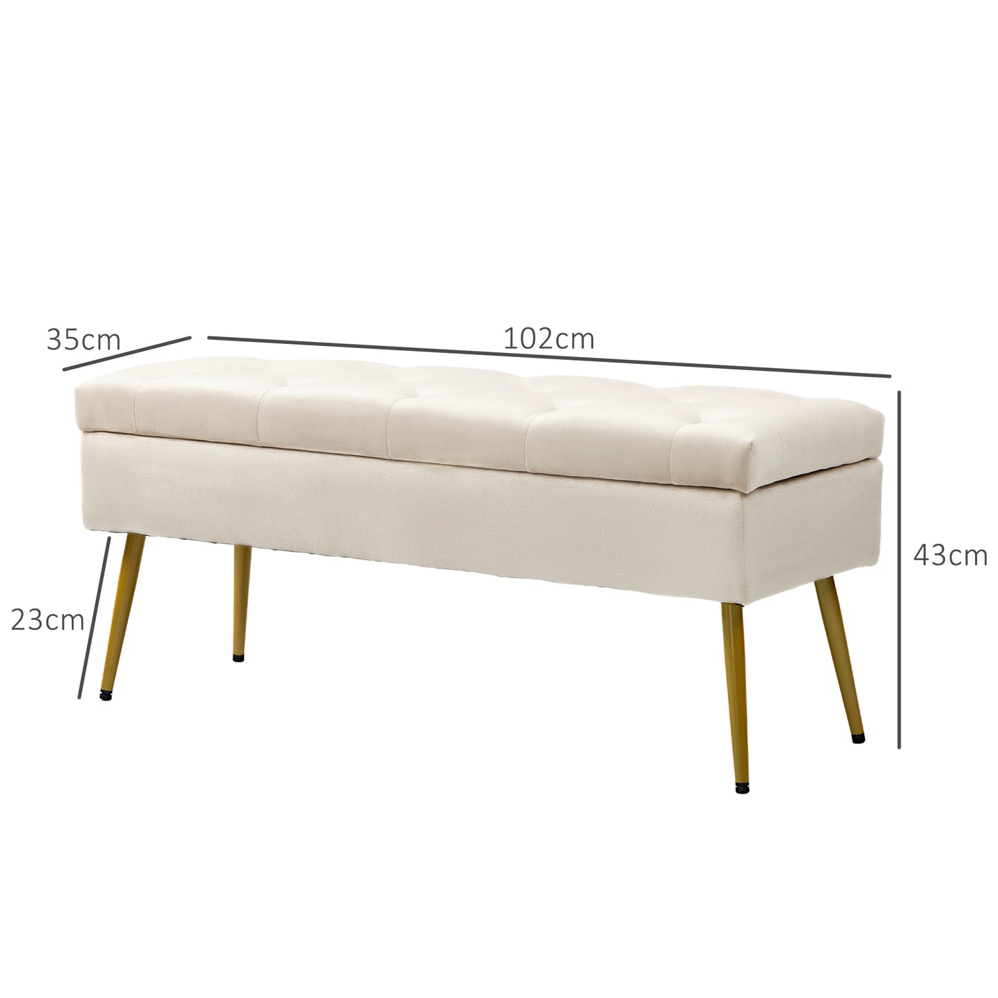 Opbergbank – Zitbank – Halbank – Opbergbox – Poef – Fluwelen Bekleding – Metalen Frame – 102x35x43 cm – Beige