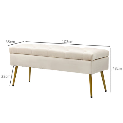 Opbergbank – Zitbank – Halbank – Opbergbox – Poef – Fluwelen Bekleding – Metalen Frame – 102x35x43 cm – Beige
