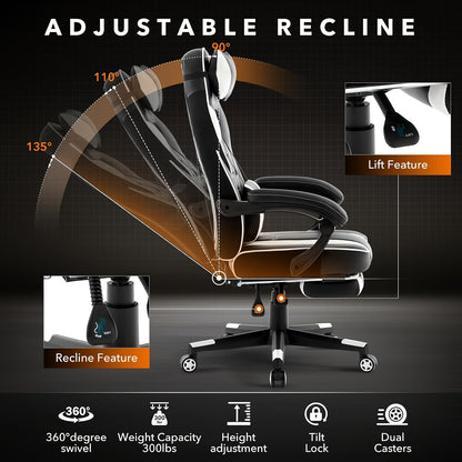 Ergonomic Gaming Chair with Massage Lumbar Support & Retractable Footrest - 360° Swivel, Height-Adjustable Computer Desk Chair with Headrest & Backrest Cushion, Quiet-Rolling Casters for Office & Home, Easy Assembly (No Tool