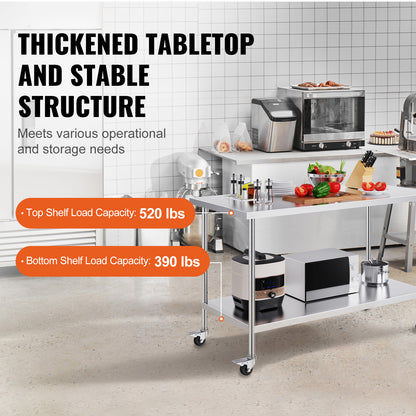 Roestvrijstalen Werktafel – Werkbank – Keukentafel – Voedselbereidingstafel – Cateringtafel – 30x60x38 Inch – 4 Wielen – 3 Verstelbare Hoogten