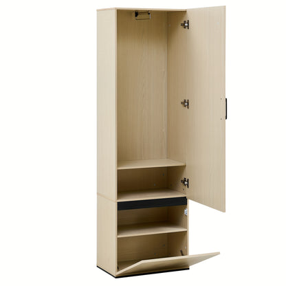 Smalle Kast – Smalle Kledingkast – Smalle Opbergkast – Kapstokkast – Spiegelkast – Houtkleur – Uittrekbare Kledingstang – Ruimtebesparend Design