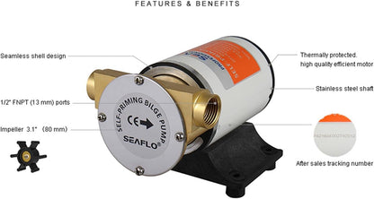 LIGHTEU, SEAFLO 24V bilgepomp 30 l/min (8 GPM) bronzen pompkop, zelfaanzuigend, automatisch, met terugslagklep en zeef voor boot, jacht, bilgenontwatering SFSP2-080-003-01