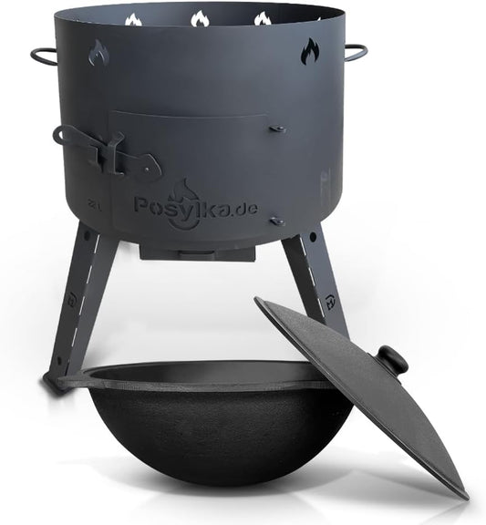 Utschak KazanoFF Fire Oven with Cast Iron Pan Round Base with Lid (22 Litres) Outdoor Fire Bowl Camping Kazan Goulash Cannon Dutch Oven (Set 5) - QUORE
