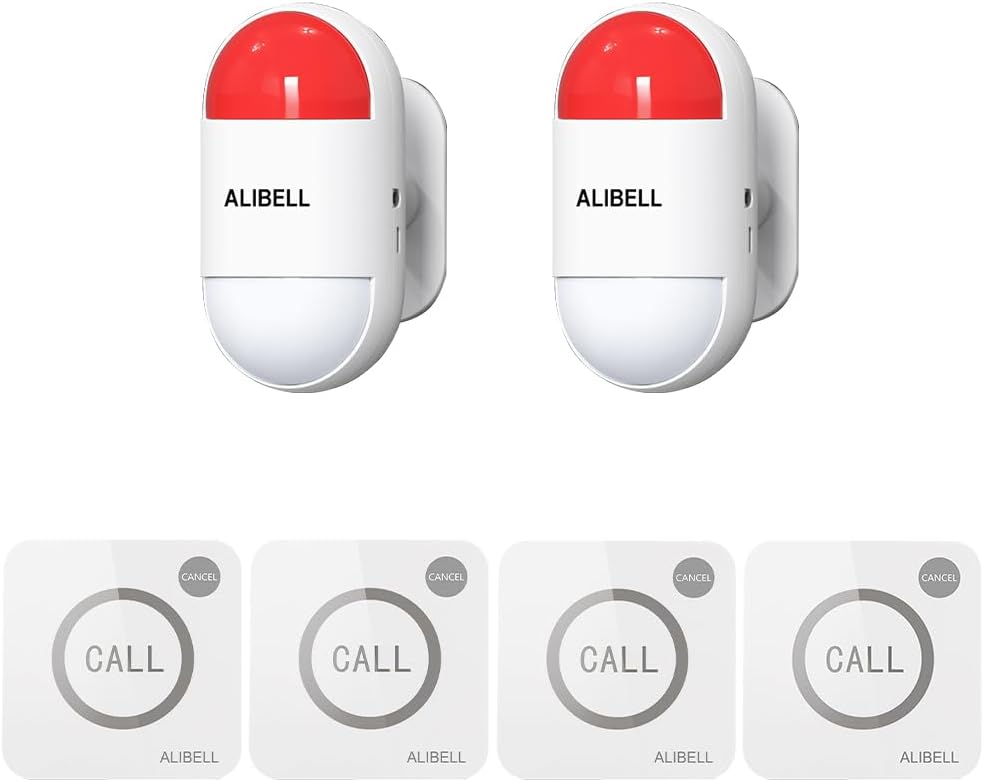 ALIBELL Persoonlijk alarm 120 dB sirene, noodsituatie, veiligheidssysteem voor huis/bedrijf/fabriek, 4 noodoproepknoppen + 2 sirene (werkt op batterijen en Plug-in Netstroomvoorziening)