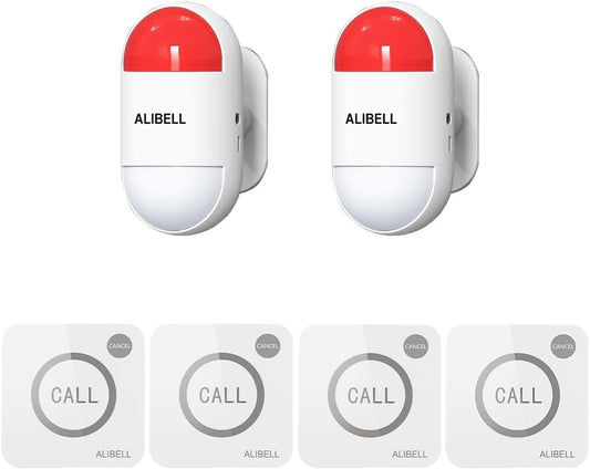 ALIBELL Persoonlijk alarm 120 dB sirene, noodsituatie, veiligheidssysteem voor huis/bedrijf/fabriek, 4 noodoproepknoppen + 2 sirene (werkt op batterijen en Plug-in Netstroomvoorziening)