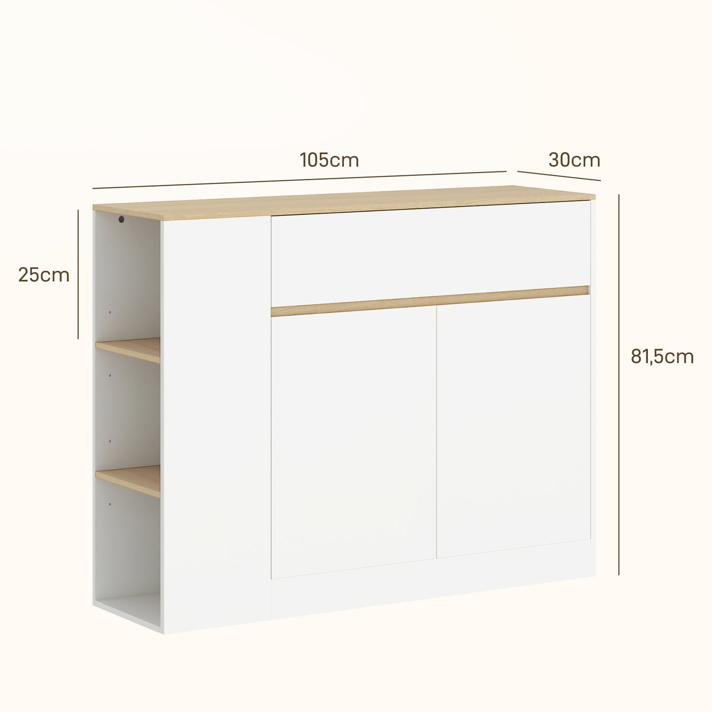 Dressoir – Opbergkast – Sideboard – Kast – Ladekast – Wit Gelakt – Verstelbare Planken – Tip-Over Bescherming – 105x30x81,5 cm