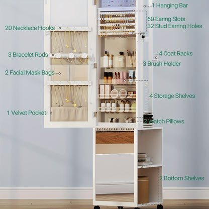Sieradenkast – Sieraden Organizer – Sieradenrek – Make-up Opbergkast – Accessoireskast – Met 5-in-1 Functie – Afsluitbare Spiegelkast Met LED-Verlichting – 164,6 cm Hoog – Witte MDF Met Wieltjes