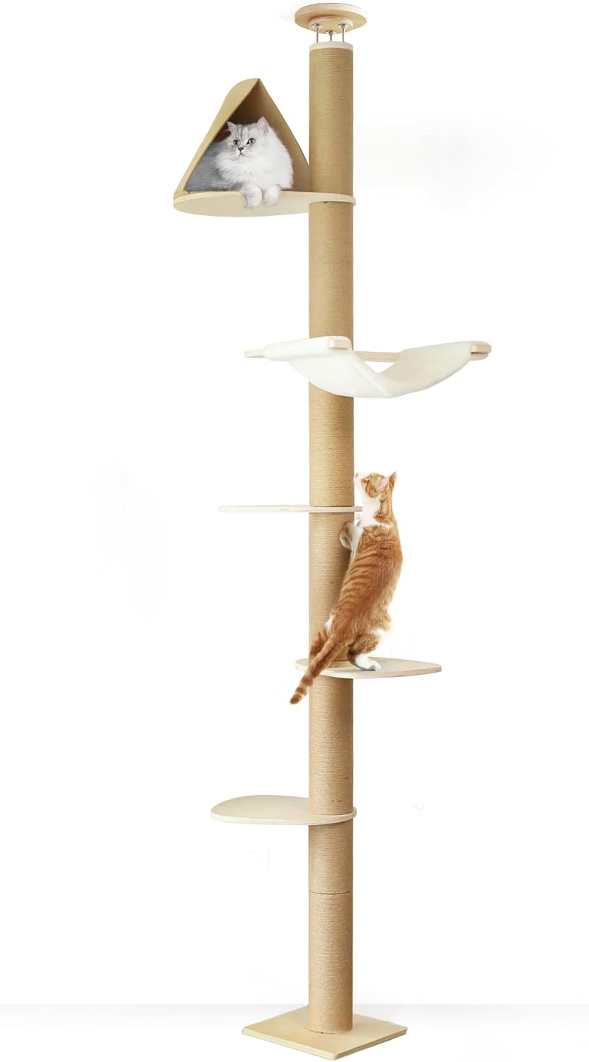 Klimboom Kat – Krabpaal – Speelton – Kattenboom – Krabmeubel – Verstelbare Hoogte 1,8-3 m – Superstabiel Tot 65 kg – Beige