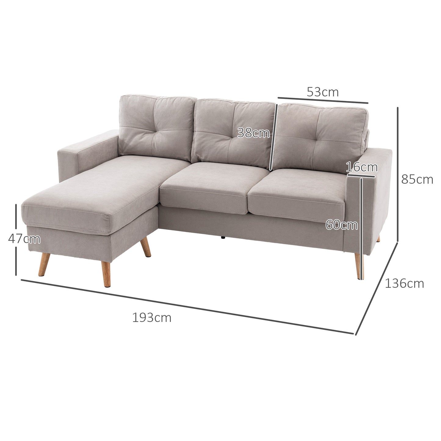 Hoekbank – Loungebank – Sofa – Hoeksalon – 3-Zitsbank – Linnen Look Stof – Chaise Longue – Stevig Houten Frame – 193x136x85 cm