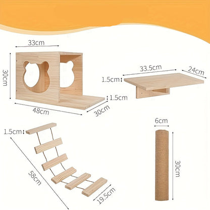 Klimwand Kat – Katten Klimmuur – Krabpaal – Kattenwand – Kattenmeubel – Super Groot 250 cm – 9-delige Set Met Kattenhuis, Krabplank en Hangbrug – Massief Hout en Duurzaam Materiaal