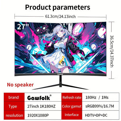 27 Inch Gaming Monitor – Curved Scherm – PC Beeldscherm – Computer Monitor – Monitor 180Hz – Full HD 1080p – FreeSync – Oogbescherming