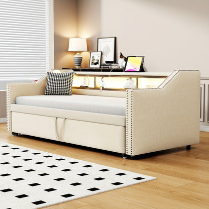 Slaapbank – Bedbank – Logeerbank – Uitklapbank – Sofa Bed – Compact Formaat – Met Opbergruimte – Stevig Frame – Beige Bekleding