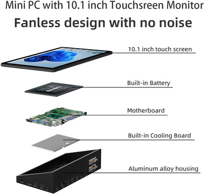 Mini PC Computer Mini Desktop PC 10.1 Inch Win 11 N5095, Mini-pc met Touchscreen, 8GB RAM, 128GB eMMC, 5000mAh batterij, Dual 4K Display Output, HDMI/WiFi5/BT5.0, Dual Rs232