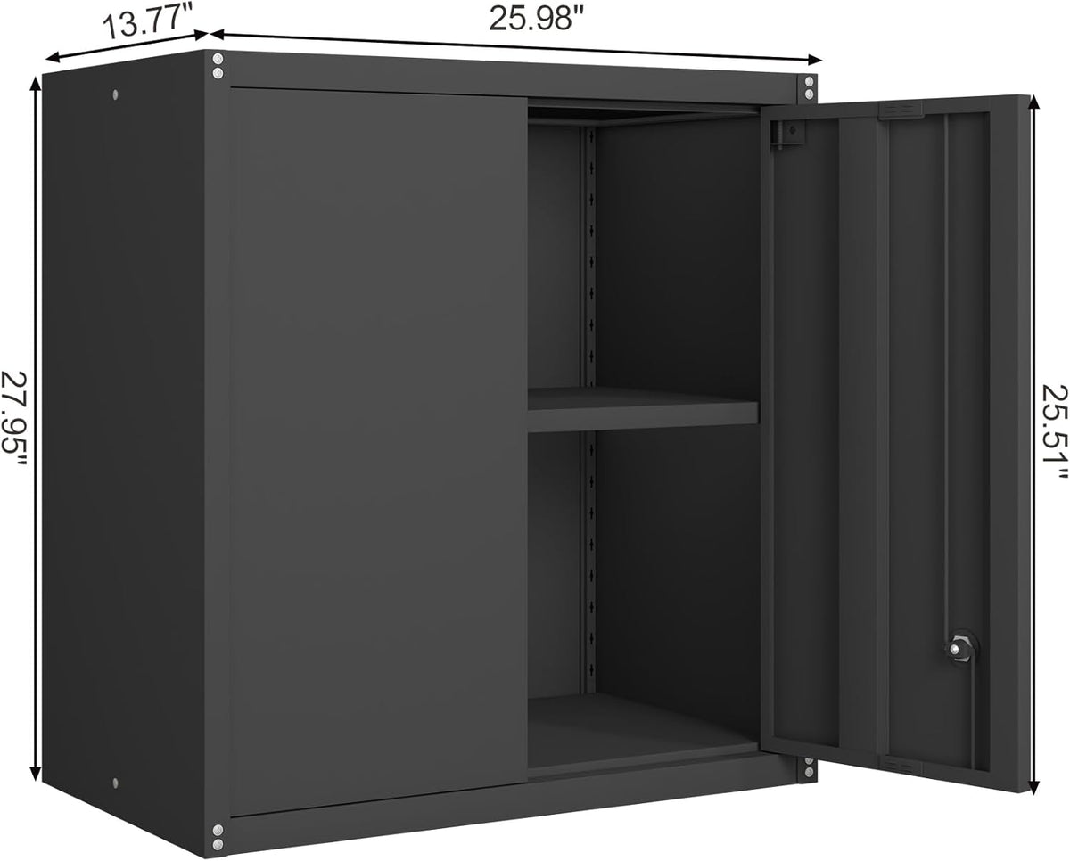 GREATMEET Metal Hanging Cabinet, Tool Cabinet with Swing Door, Wall-Mounted Garage Storage Cabinets with 1 Adjustable Shelf and 2 Doors, Steel Cabinet for Garage, Office and Home, Black - QUORE
