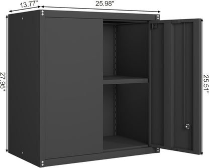 GREATMEET Metal Hanging Cabinet, Tool Cabinet with Swing Door, Wall-Mounted Garage Storage Cabinets with 1 Adjustable Shelf and 2 Doors, Steel Cabinet for Garage, Office and Home, Black - QUORE