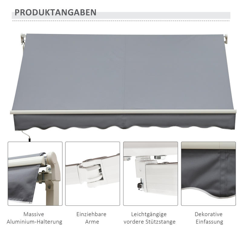 Awning, 3.95 x 2.45m, sun protection, retractable, with hand crank, metal frame, polyester, grey/ white, Outdoor Shade, Backyard Shelter, Sleek Shade, Retractable Awning, Reinforced Frame, Weatherresistant Fabric, Retractable