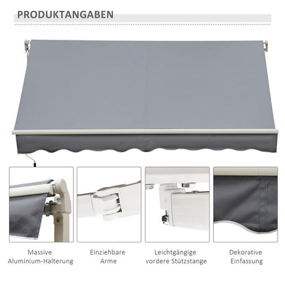Awning, 3.95 x 2.45m, sun protection, retractable, with hand crank, metal frame, polyester, grey/ white, Outdoor Shade, Backyard Shelter, Sleek Shade, Retractable Awning, Reinforced Frame, Weatherresistant Fabric, Retractable