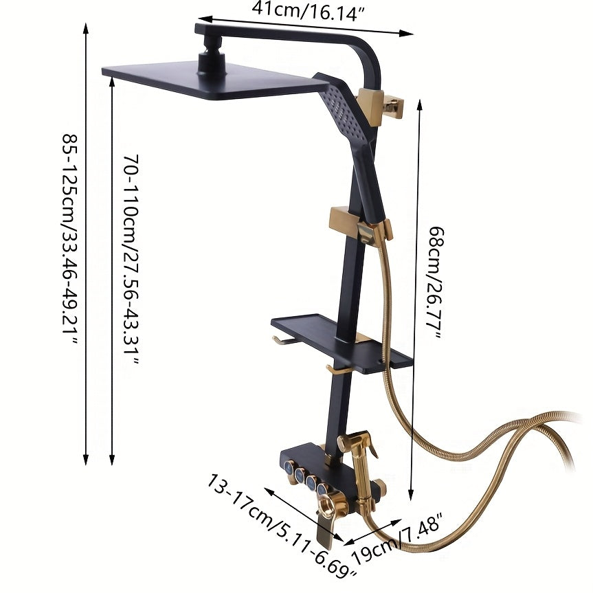 TOOL1SHOOO Contemporary Wall-mounted Bathtub Shower Set In Matte Black And Golden Finishes 46-orifice Hand Spray 112-orifice Top Spray And Anti-tangle Shower Hose, Easy to Clean, with Soft Silicone Spout And Toiletry Storage