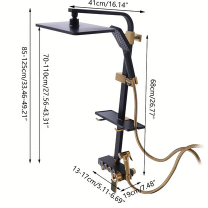 TOOL1SHOOO Contemporary Wall-mounted Bathtub Shower Set In Matte Black And Golden Finishes 46-orifice Hand Spray 112-orifice Top Spray And Anti-tangle Shower Hose, Easy to Clean, with Soft Silicone Spout And Toiletry Storage