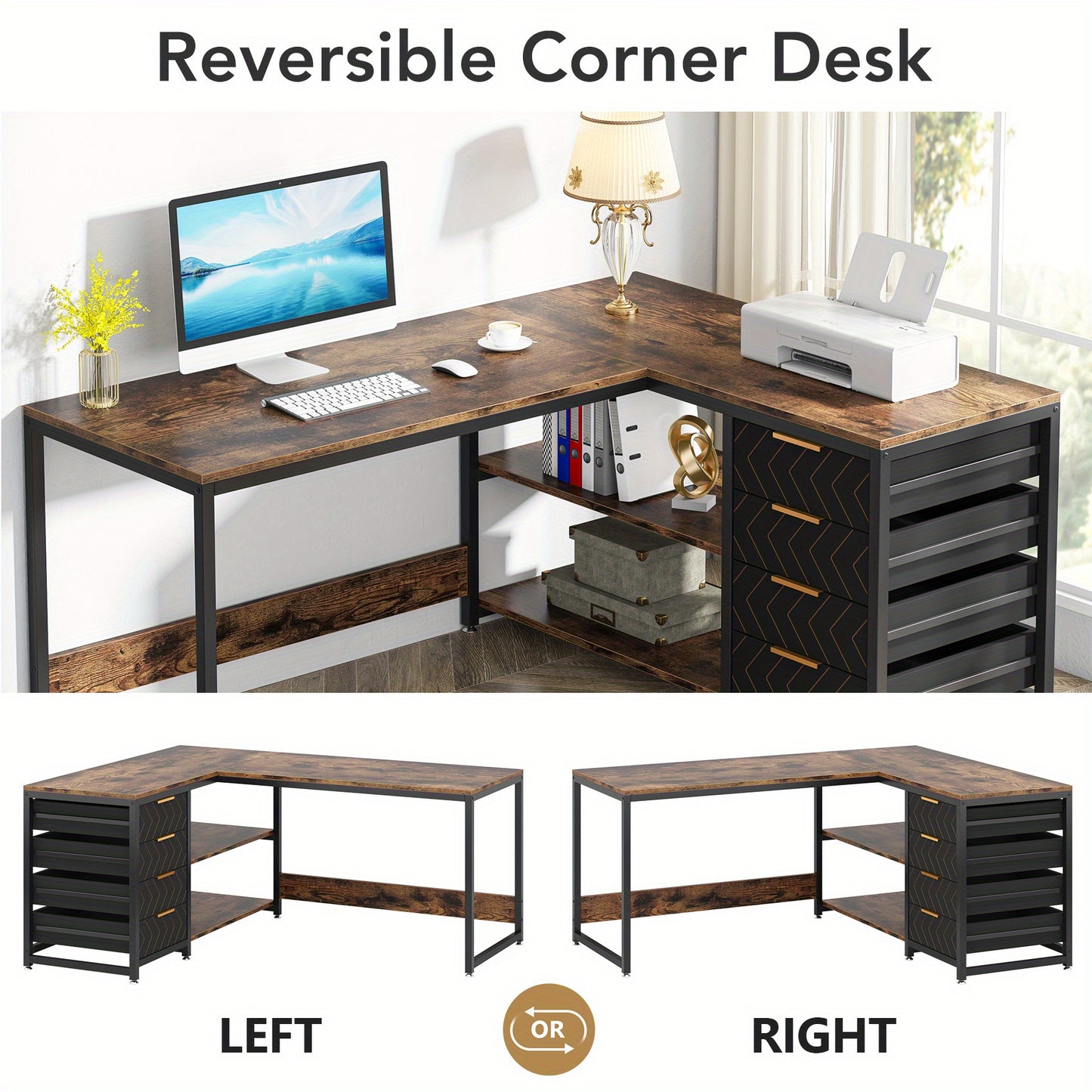 L-vormig Bureau – Hoekbureau – Computertafel – Werkplek – Bureau Met Laden – Bruin – Reversibel Ontwerp – Met Opbergruimte