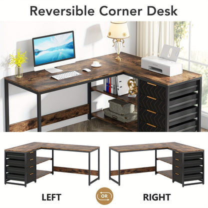 L-vormig Bureau – Hoekbureau – Computertafel – Werkplek – Bureau Met Laden – Bruin – Reversibel Ontwerp – Met Opbergruimte