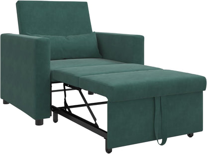 Donkergroene Fluwelen Stoel – Slaapbank – Omvormbare Zitplaats – Relaxstoel – Logeerbed – Comfortabele Boxkussens – Ruimtebesparend Design
