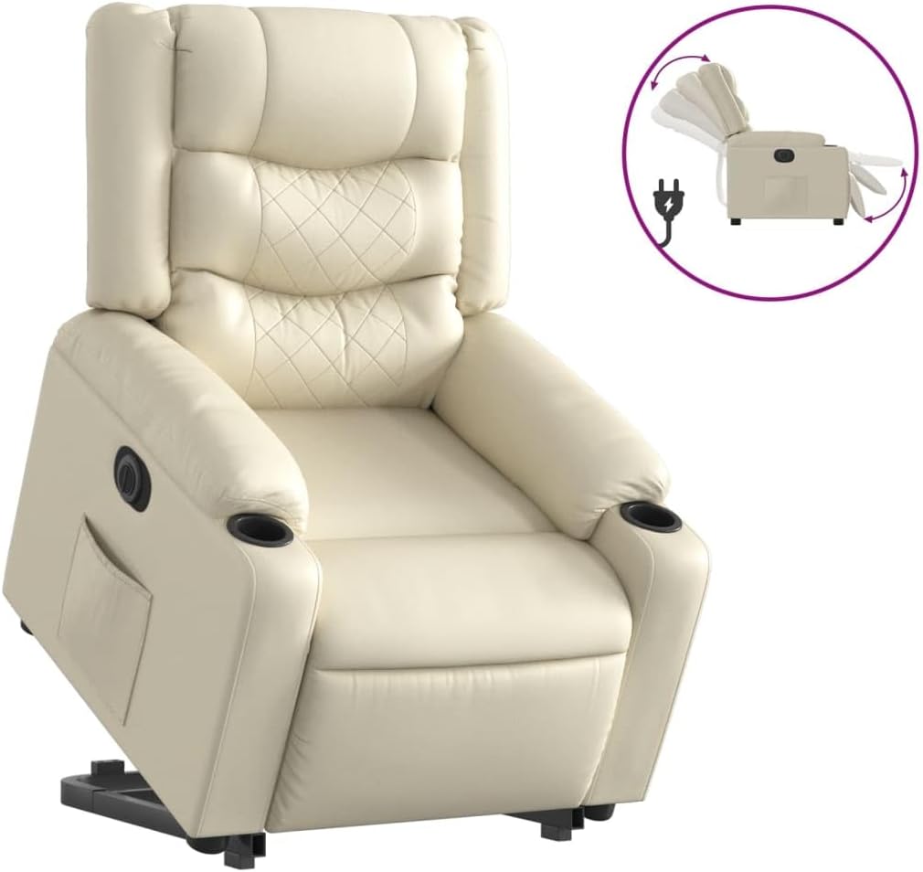 Relaxstoel met Opstahulp – Elektrische Relaxstoel – TV-stoel – Ligstoel – Enkele Ligstoel – Crèmekleur – Kunstleer – Elektrisch Kantelsysteem – Verstelbare Ligfunctie – Opstaan Zonder Belasting Rug/Knieën