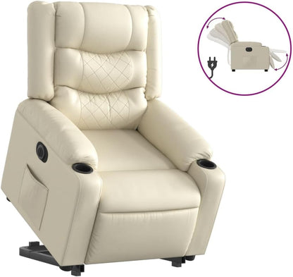 Relaxstoel met Opstahulp – Elektrische Relaxstoel – TV-stoel – Ligstoel – Enkele Ligstoel – Crèmekleur – Kunstleer – Elektrisch Kantelsysteem – Verstelbare Ligfunctie – Opstaan Zonder Belasting Rug/Knieën