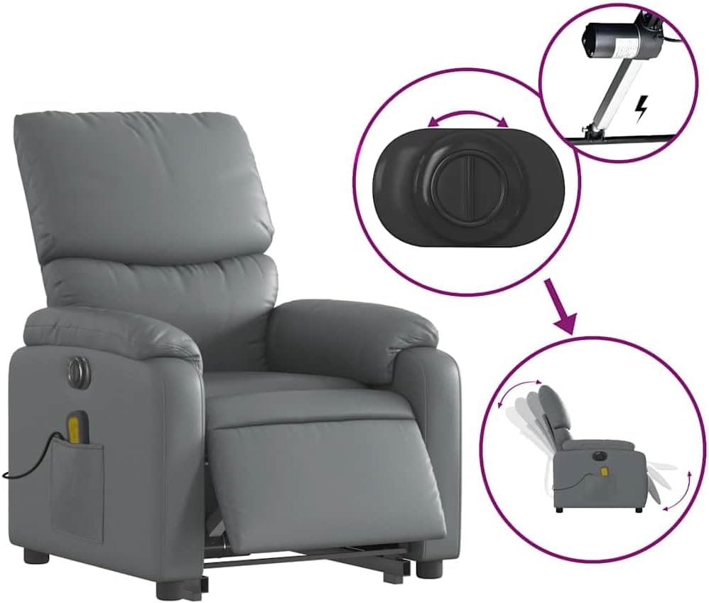 Elektrische Relaxfauteuil – Massagefauteuil – TV Stoel – Relaxstoel – Elektrische Ligstoel – Elektrische Opsta-Ondersteuning – 6-Punts Massagefunctie – Kunstleer Grijs