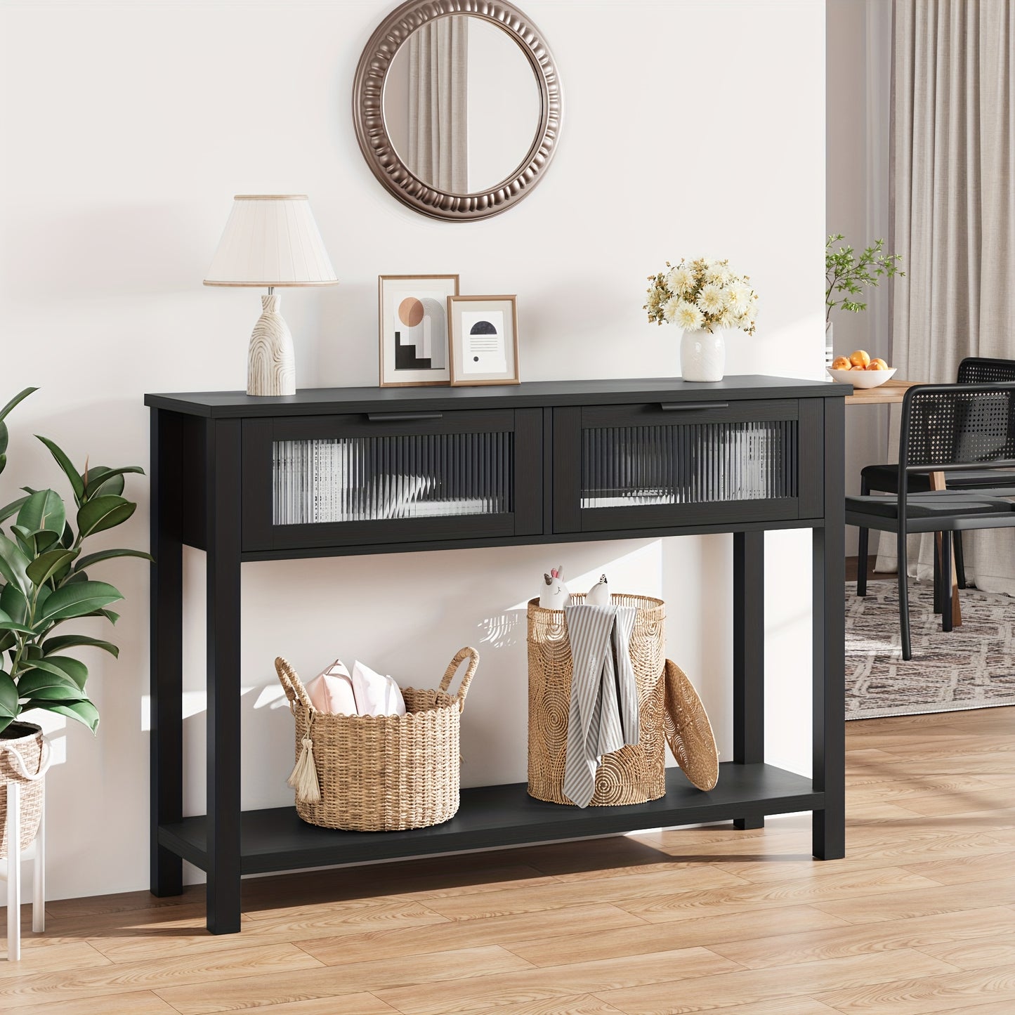 Haltafel – Sidetable – Console – Wandtafel – Opbergtafel – Zwart – Massief Hout & MDF – Ruime Opbergruimte Met Glazen Laden